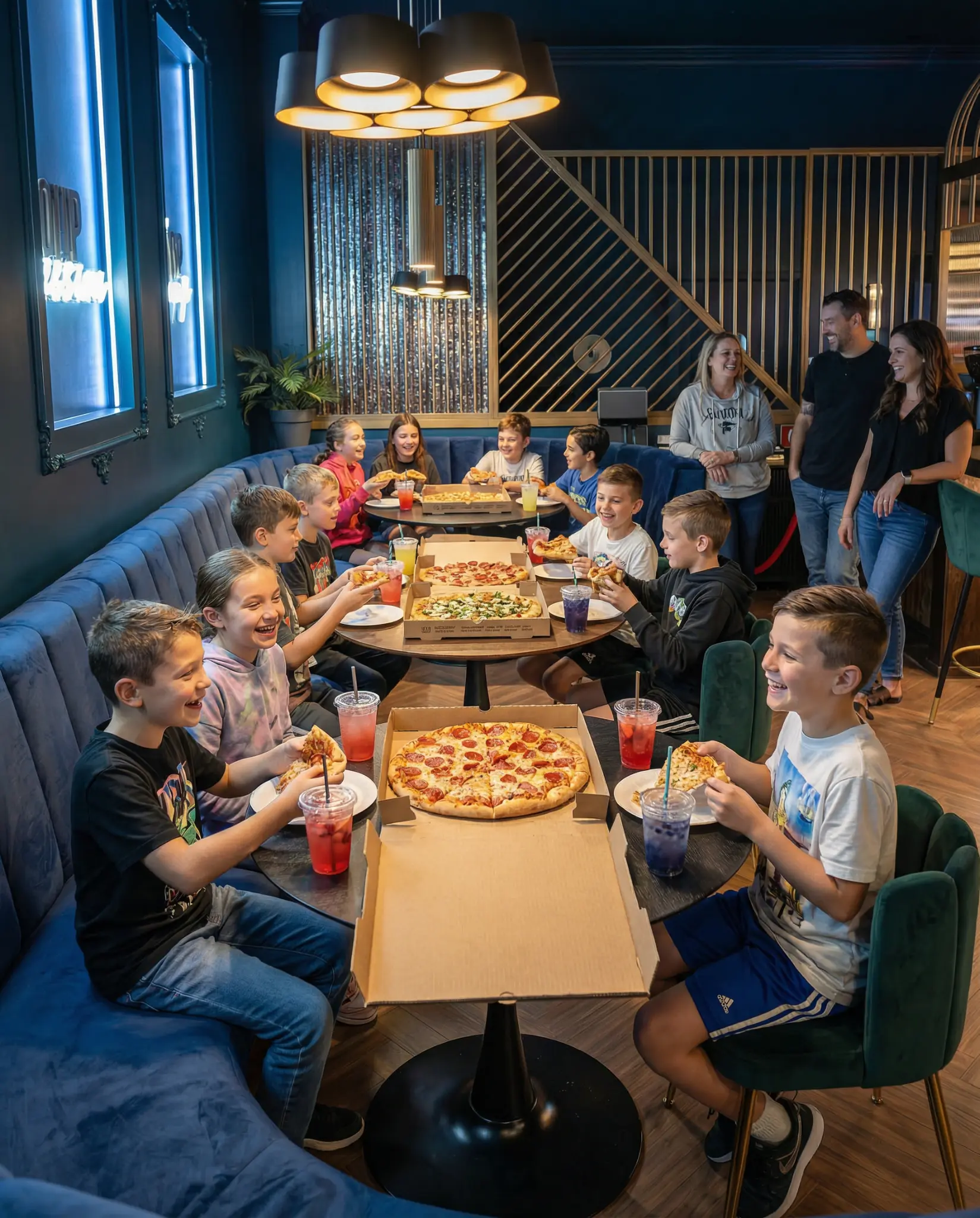 Kids eating pizza at escape room birthday party PanIQ Room West Hollywood